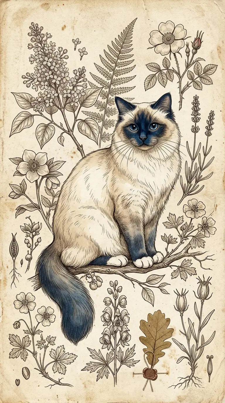 Siamese Cat Surrounded by Botanical Illustrations