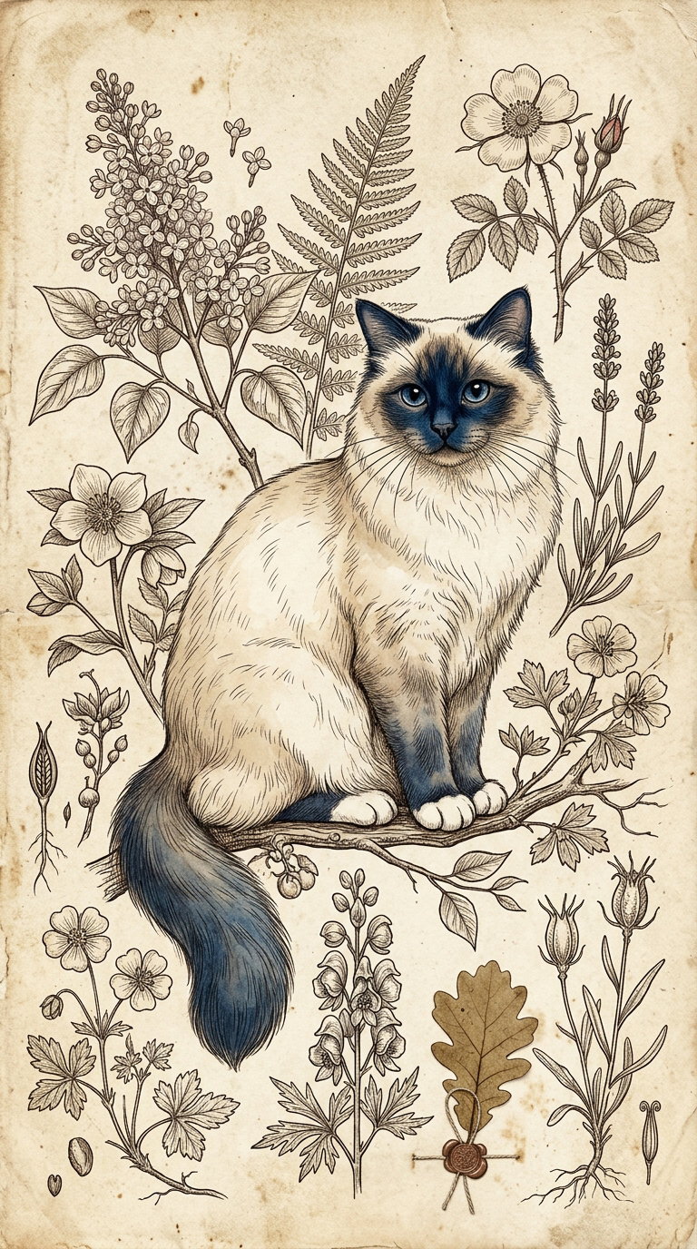 A detailed illustration of a Siamese cat with blue eyes, sitting on a branch amidst various botanical elements like flowers and leaves.