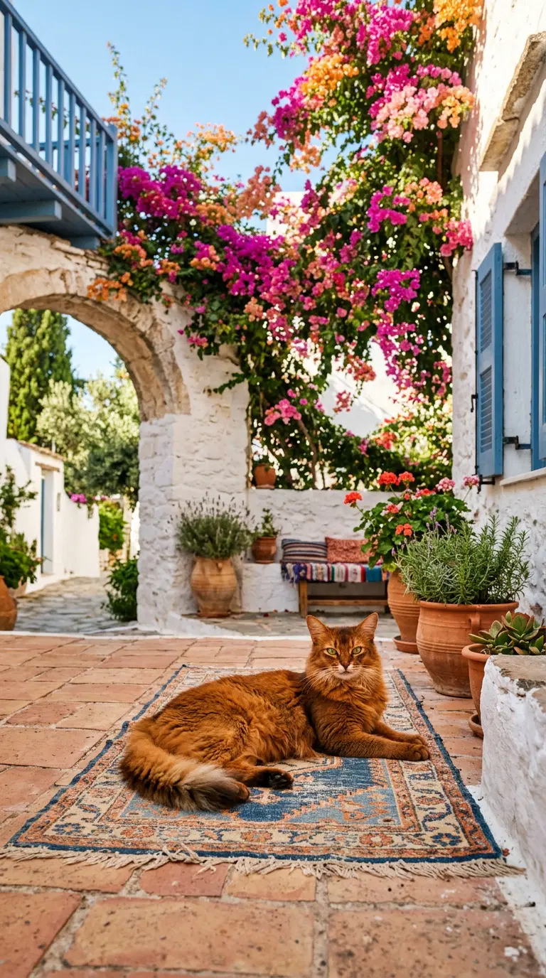 Cozy Ginger Cat Relaxing in a Flowered Courtyard