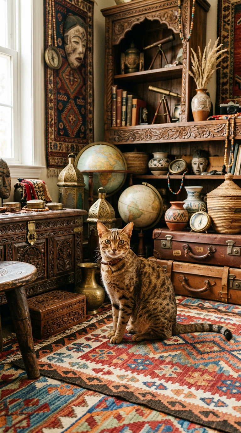 A Bengal cat sits on a colorful patterned rug in a room full of vintage decor, including globes, wooden shelves, and ornate artifacts.