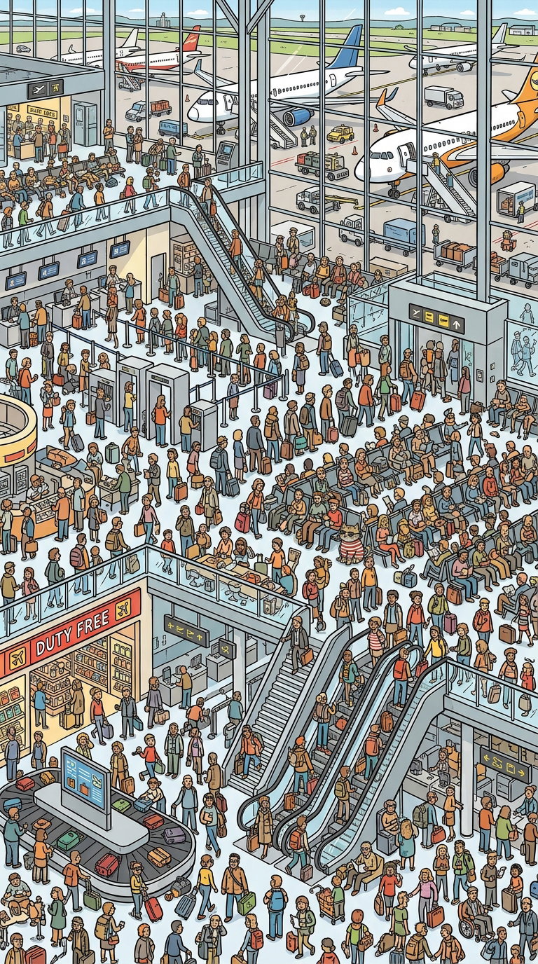 A detailed illustration of a busy airport terminal showing various people, escalators, shops, and airplanes in the background.