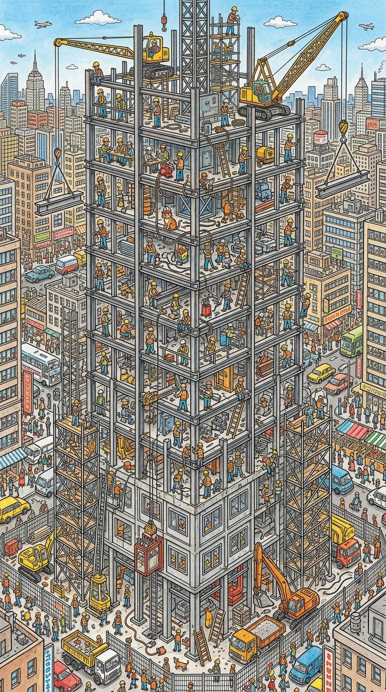 A detailed illustration of a high-rise building under construction, featuring numerous workers, cranes, and vehicles amidst a crowded cityscape.