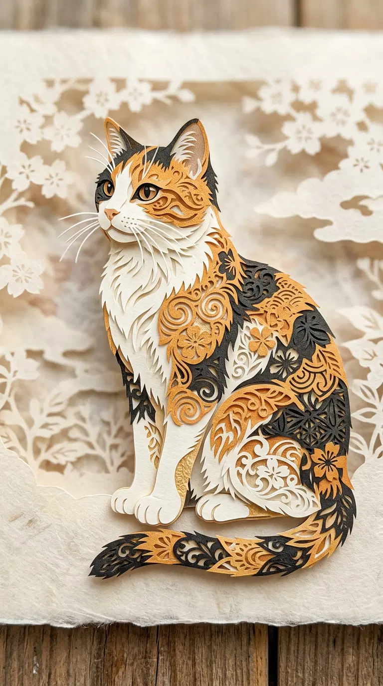 Intricate Floral and Patterned Cat Paper Art
