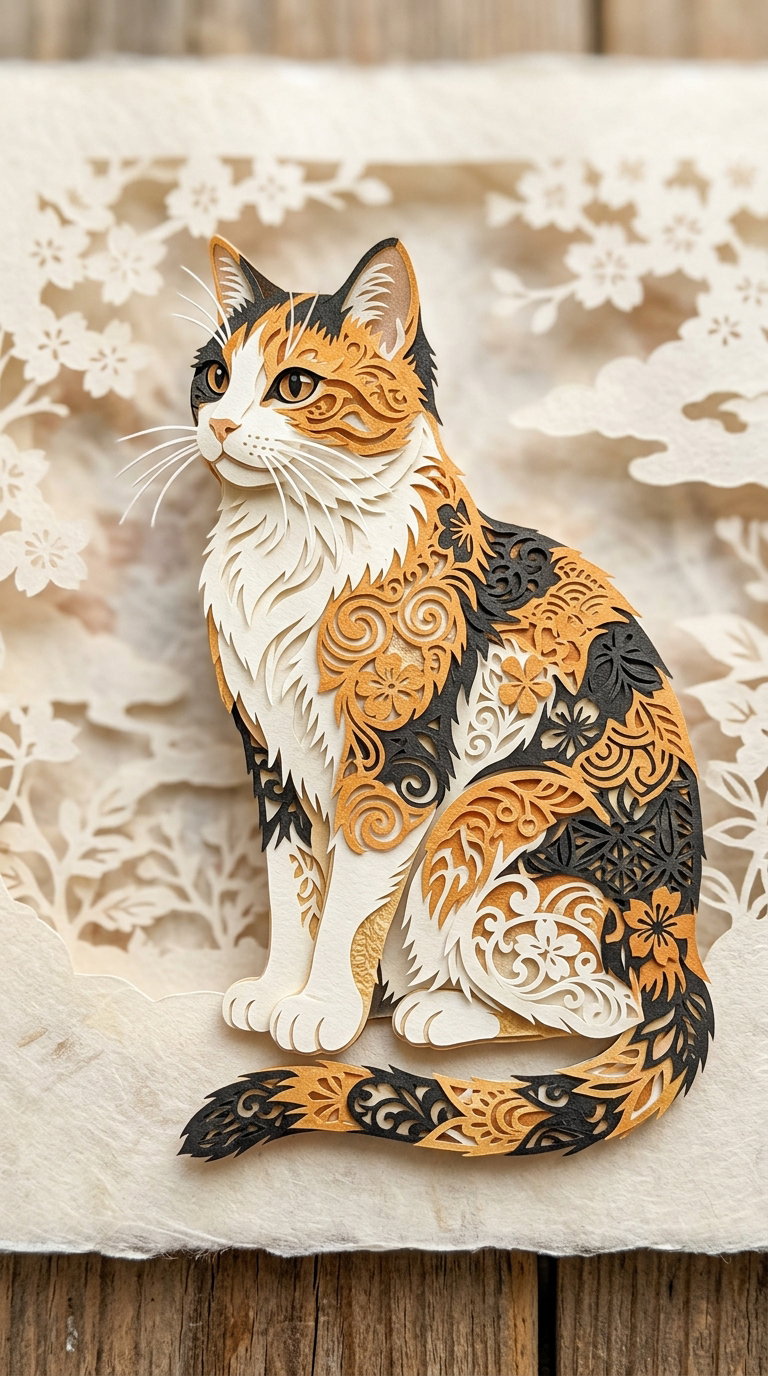 A three-dimensional cat made of layered paper with floral and ornate patterns, sitting gracefully against a delicate backdrop of flowers and abstract shapes.