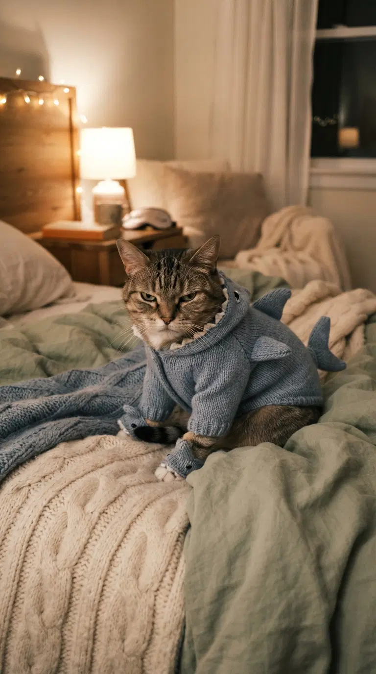 Cat Wearing Shark Costume Relaxing on a Bed