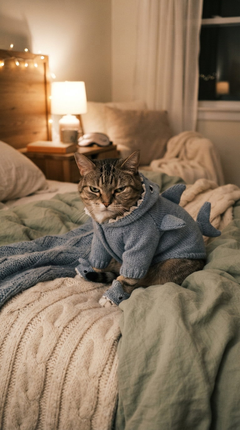 A cat dressed in a blue shark costume sits on a bed covered with knitted blankets, looking relaxed yet somewhat grumpy in a cozy bedroom setting.