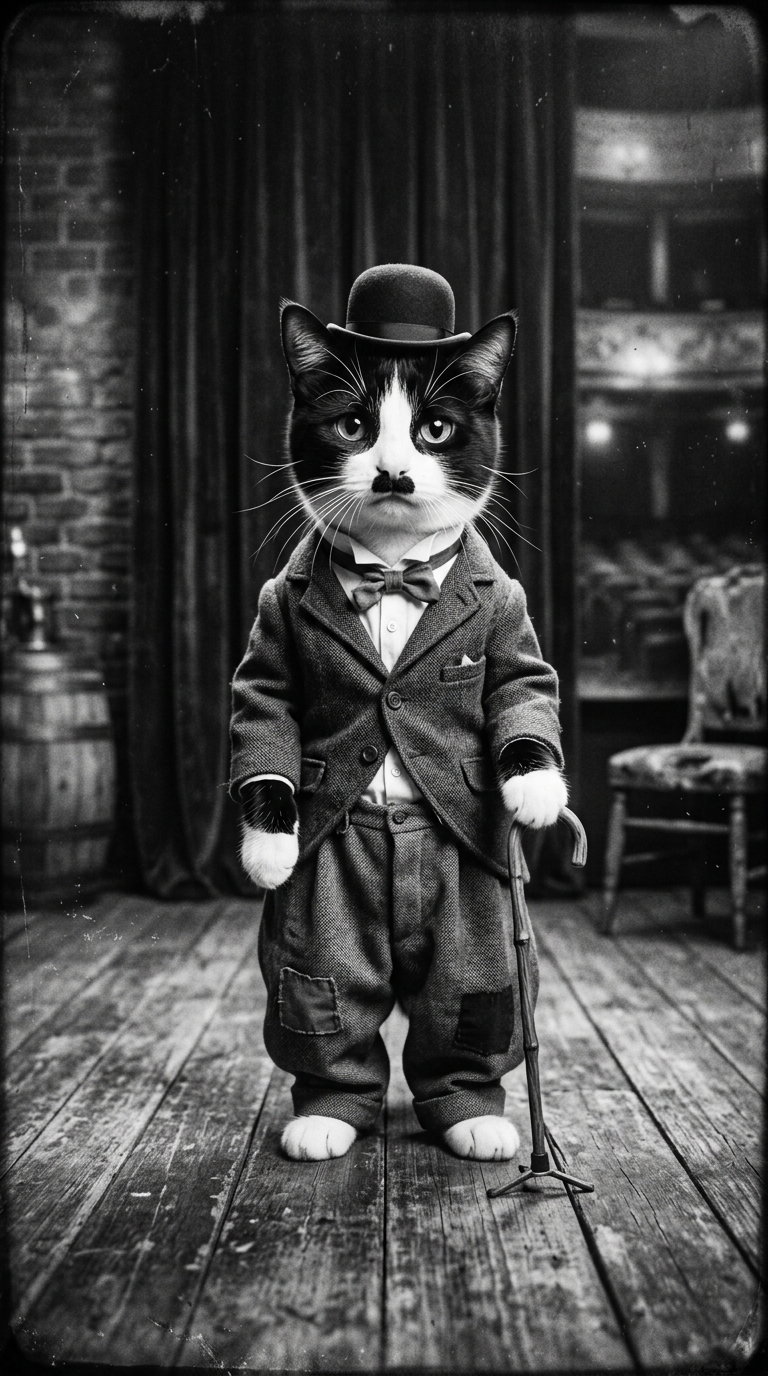 A black and white image of a cat dressed in a tuxedo and bowler hat, holding a cane, set against a vintage theater backdrop.