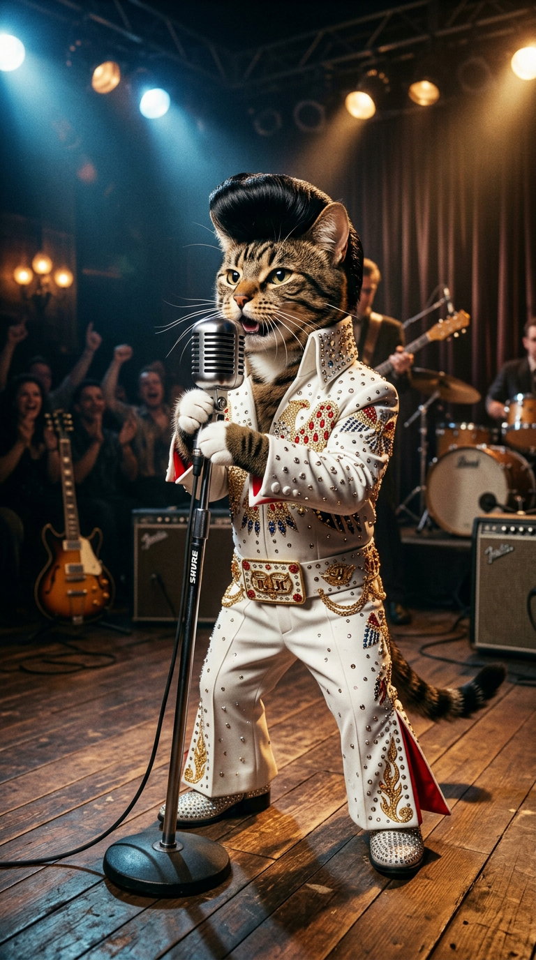 A tabby cat dressed as Elvis Presley singing into a microphone on stage, surrounded by a band and an audience in a lively music venue.
