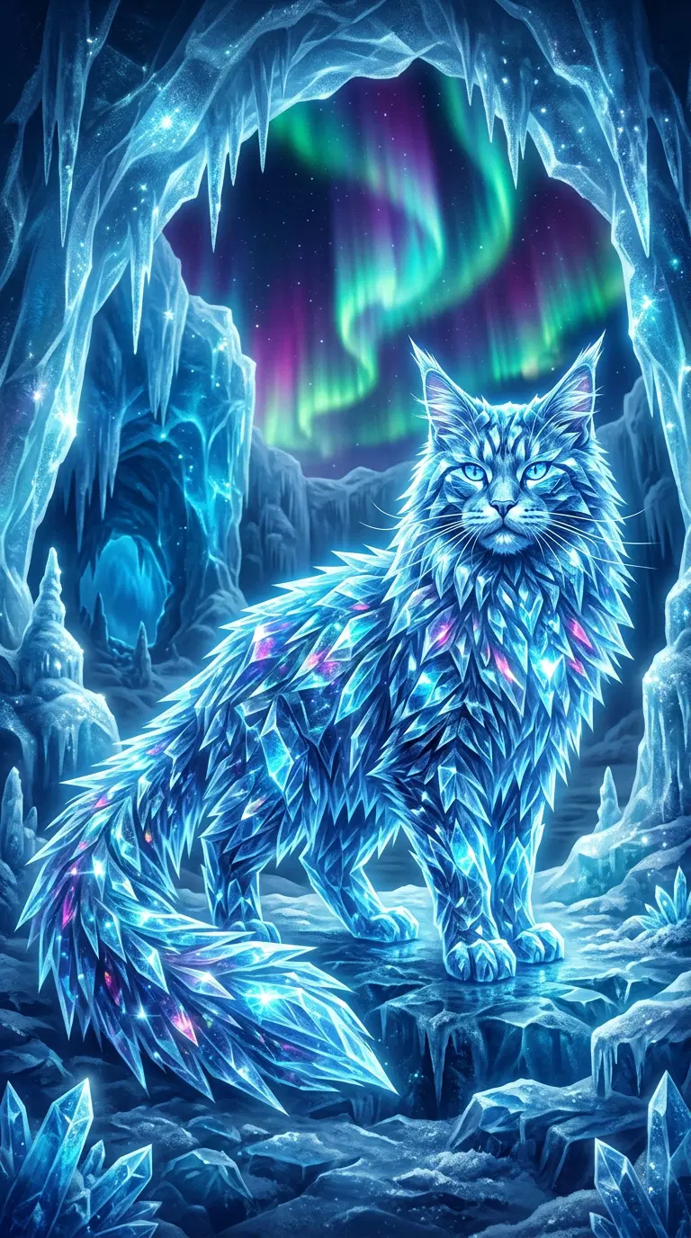 A Crystal Cat Surrounded by an Ethereal Aurora in a Cave