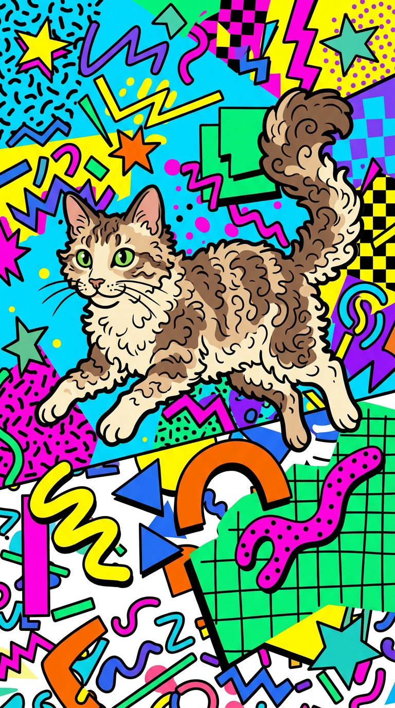A playful illustration of a cat in a vibrant abstract setting filled with geometric shapes and bold colors.