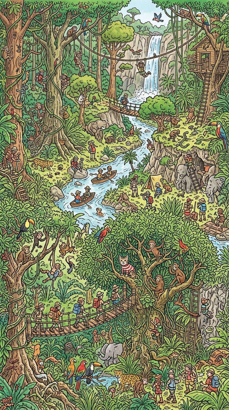 A colorful jungle illustration depicting various activities such as people boating, climbing, and exploring among lush greenery, waterfalls, and wildlife.