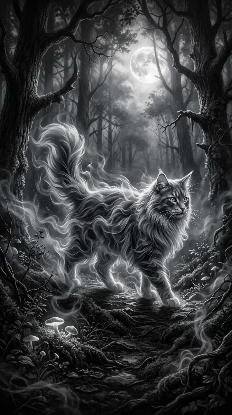 Ethereal Cat Walking Through a Mystical Forest at Night