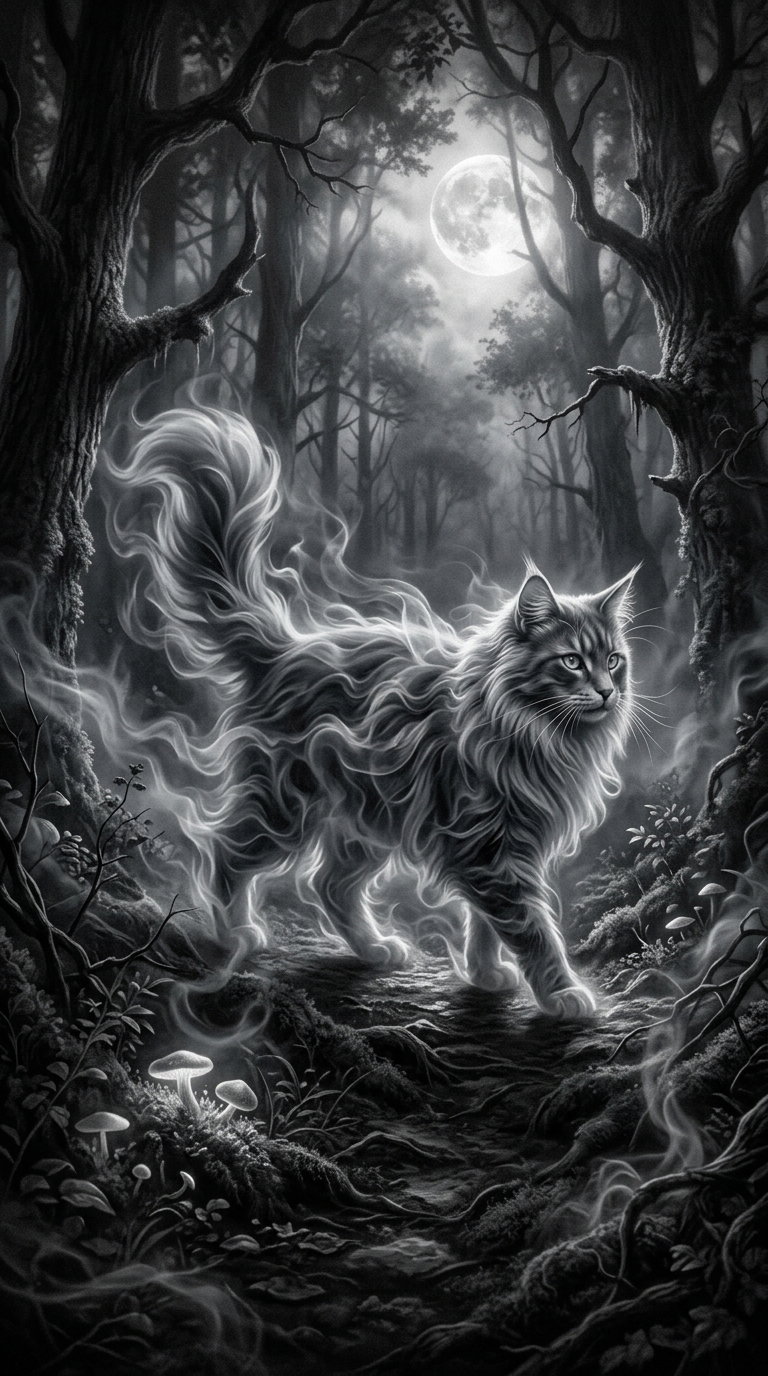 A ghostly cat with flowing fur walks along a dark forest path surrounded by trees, under a full moon. The atmosphere is eerie and magical, with wisps of fog and mushrooms illuminated in the moonlight.