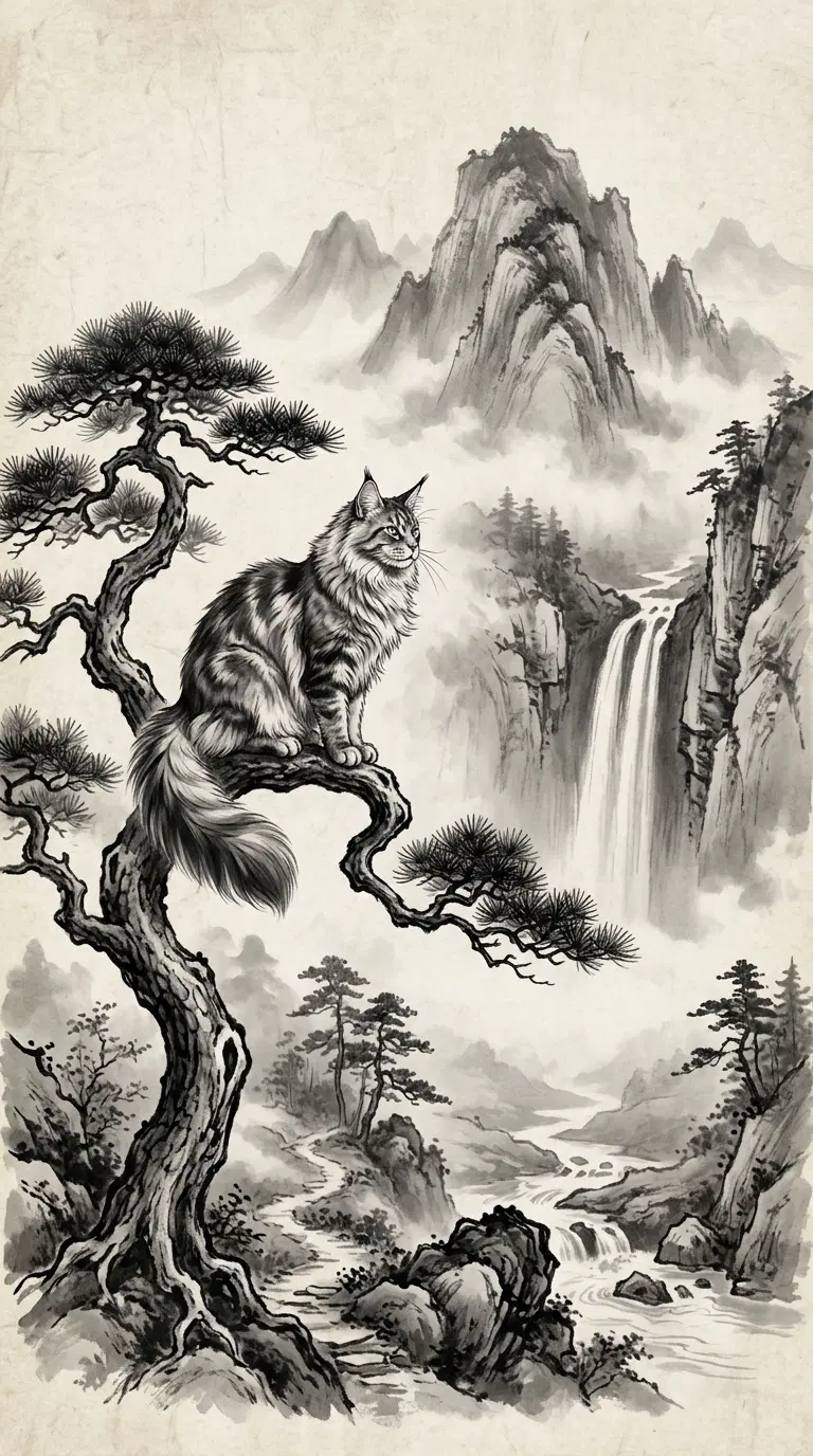 Majestic Cat in an Ethereal Japanese Landscape