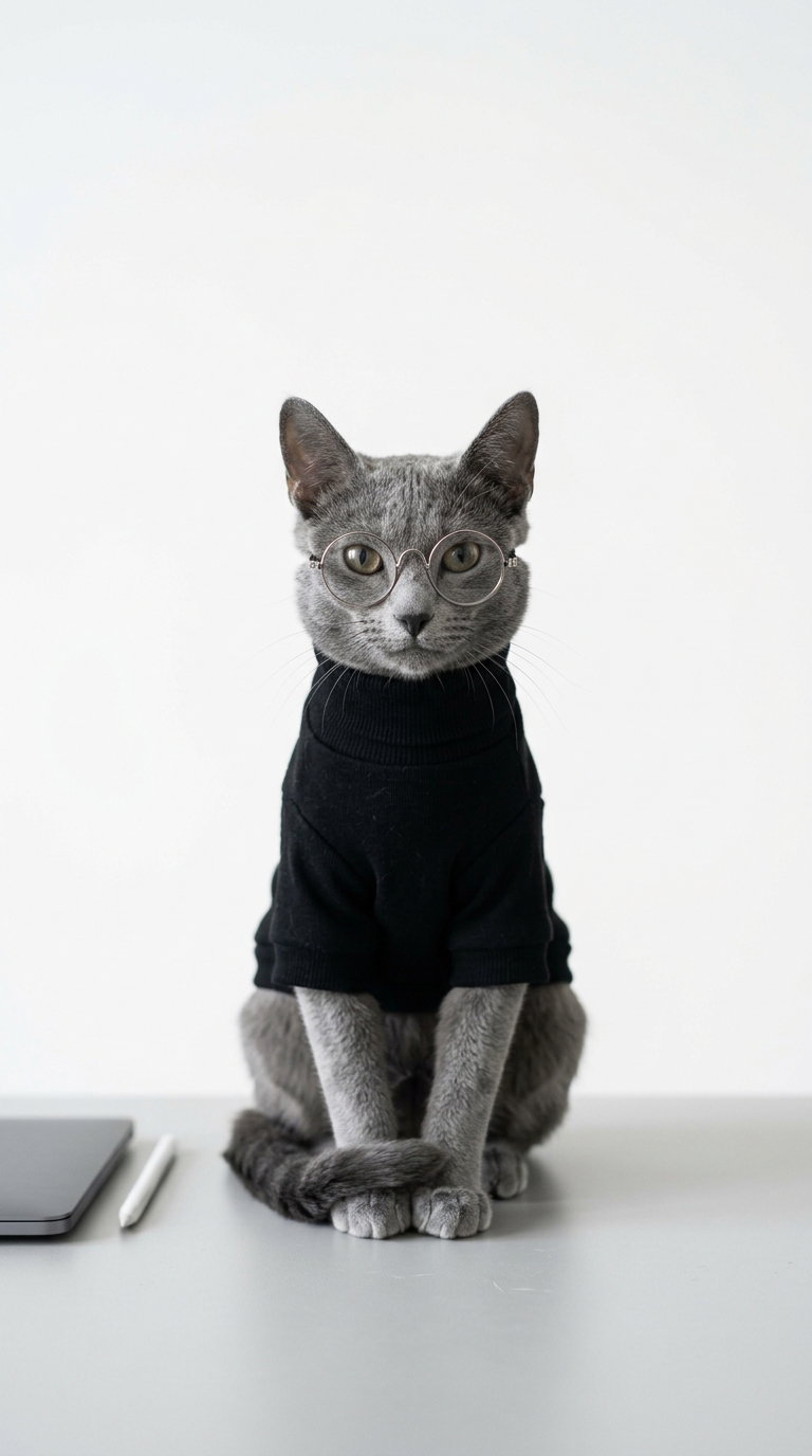A gray cat wearing round glasses and a black sweater, sitting on a table with a minimalist backdrop.