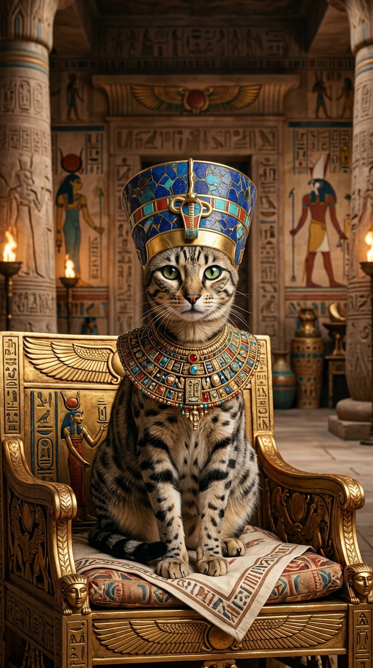 A Bengal cat adorned in royal Egyptian attire, seated on an ornate throne, surrounded by ancient Egyptian decor and hieroglyphs.