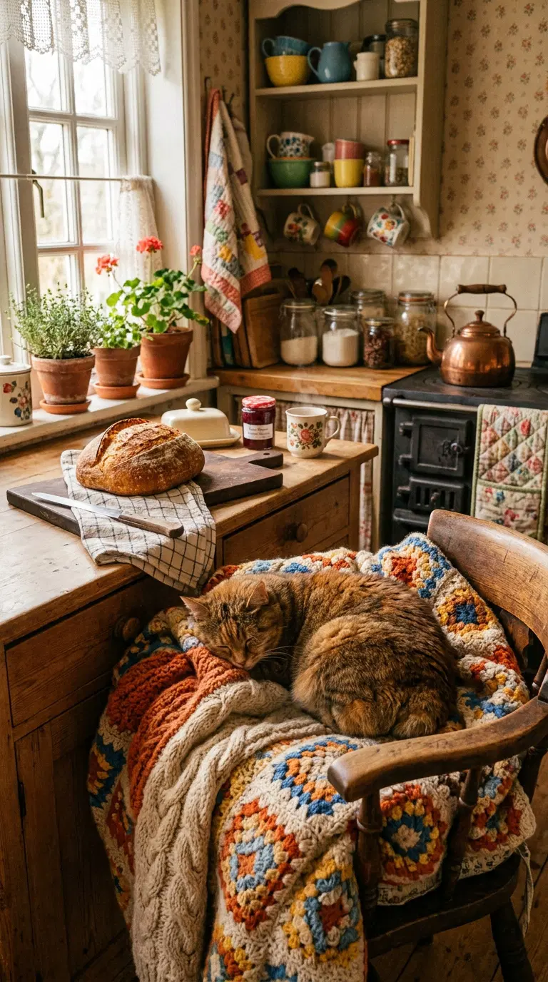 Cozy Kitchen Scene with a Relaxed Cat and Fresh Bread