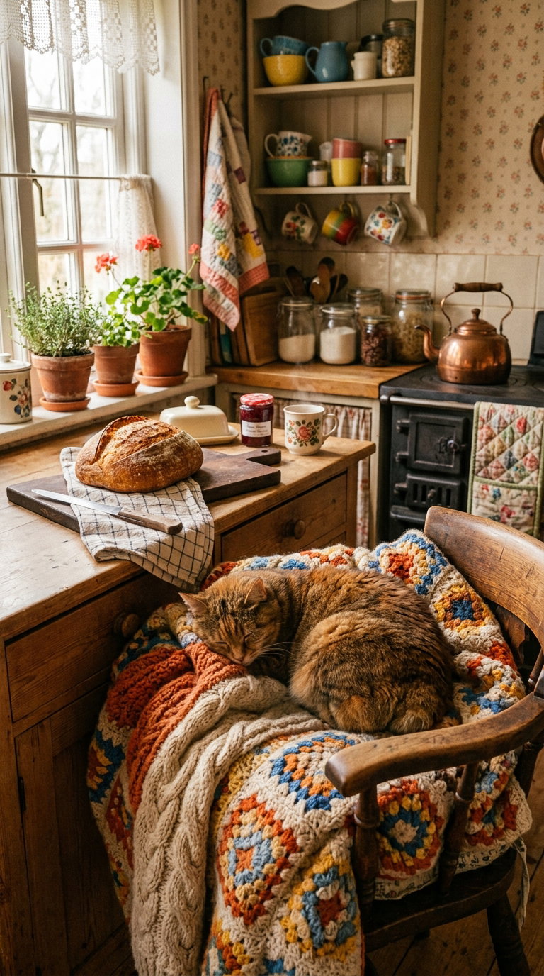 A cozy kitchen featuring fresh bread on a wooden table, a sleeping cat on a colorful knitted blanket draped over a chair, and houseplants on the windowsill.