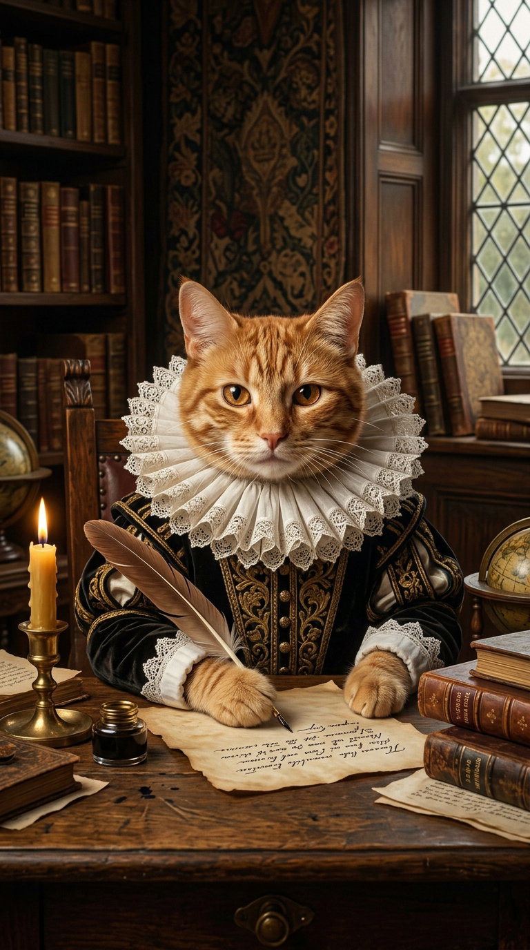 A regal orange cat wearing a ruffled collar, seated at a wooden desk filled with books and a globe, holding a quill and writing on parchment, illuminated by candlelight.