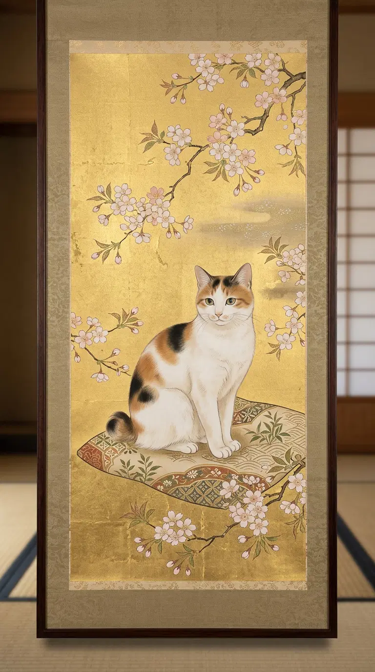Elegant Calico Cat Art Surrounded by Cherry Blossoms