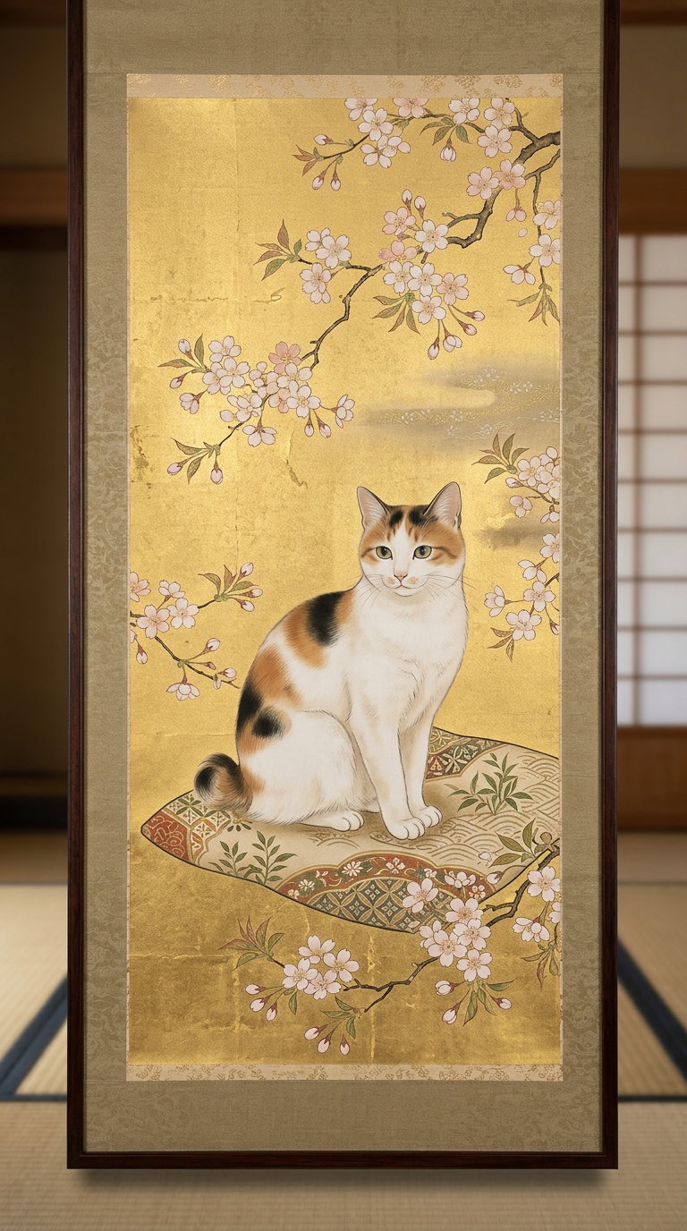 A calico cat sitting on a patterned mat with cherry blossoms in the background.