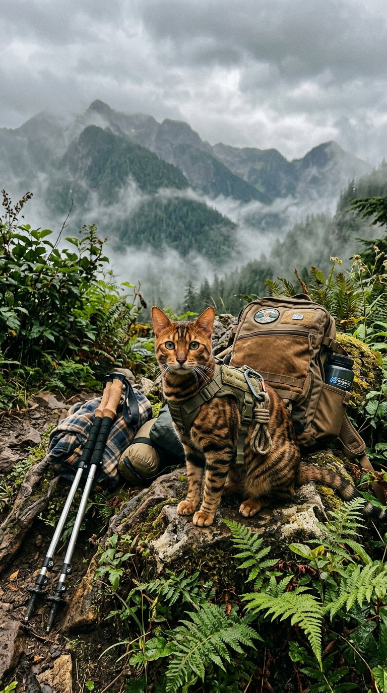 A Bengal cat wearing a harness sits on a rock amidst a scenic mountain backdrop with misty forests.
