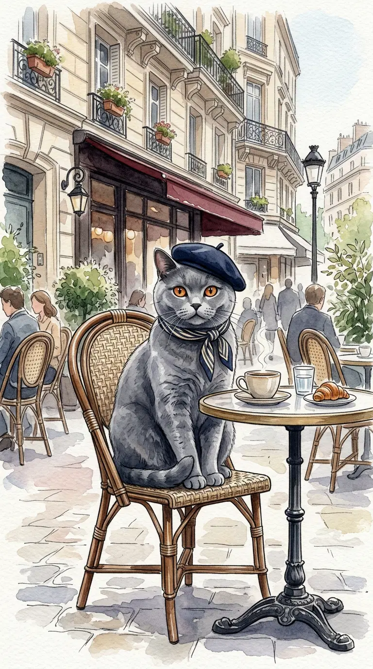Charming Gray Cat in a Parisian Café Setting