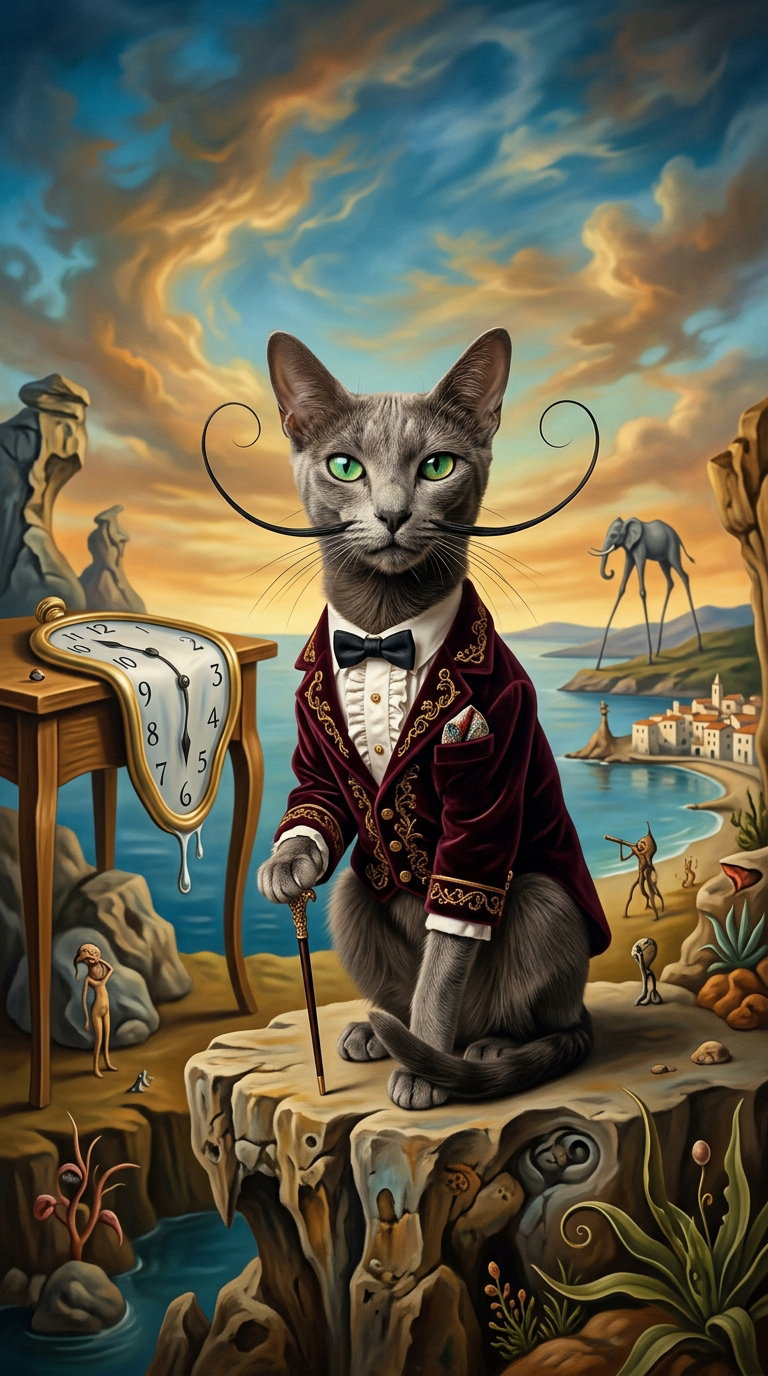 A surreal depiction of a cat dressed in a tuxedo, standing on a rocky ledge. The background features a dreamlike landscape with a melting clock and unusual structures.