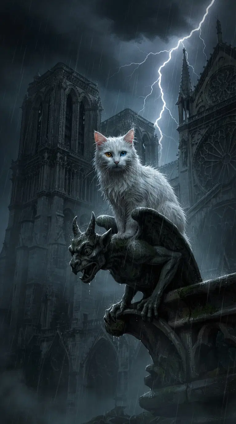 A Mystical White Cat on a Gargoyle in a Stormy Scene