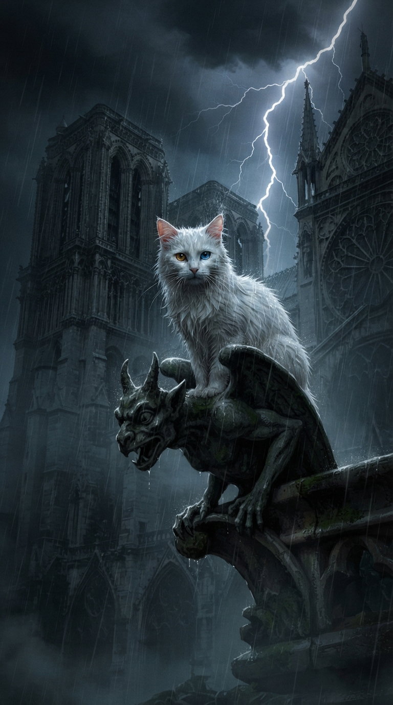 A wet white cat perched on a gothic gargoyle, with a dark, stormy background featuring lightning and a cathedral.
