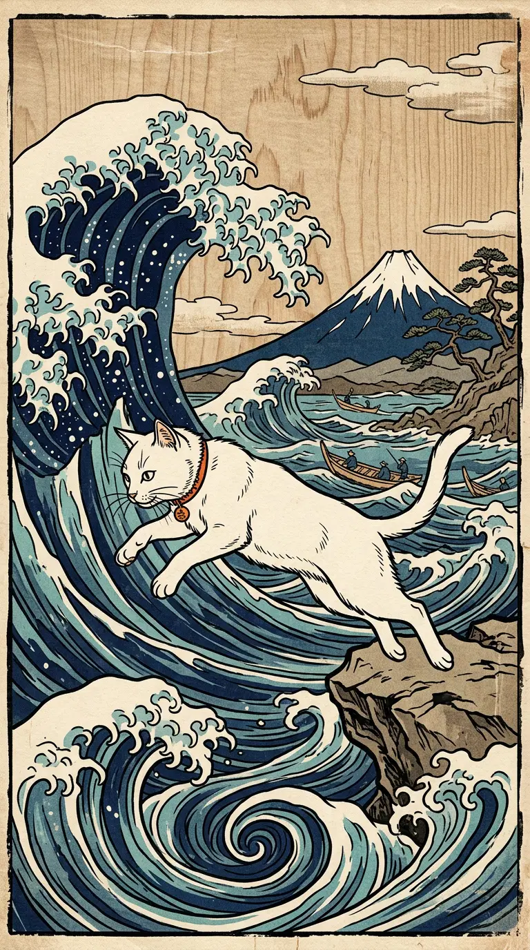 Traditional Japanese Cat Illustration with Waves and Mountain