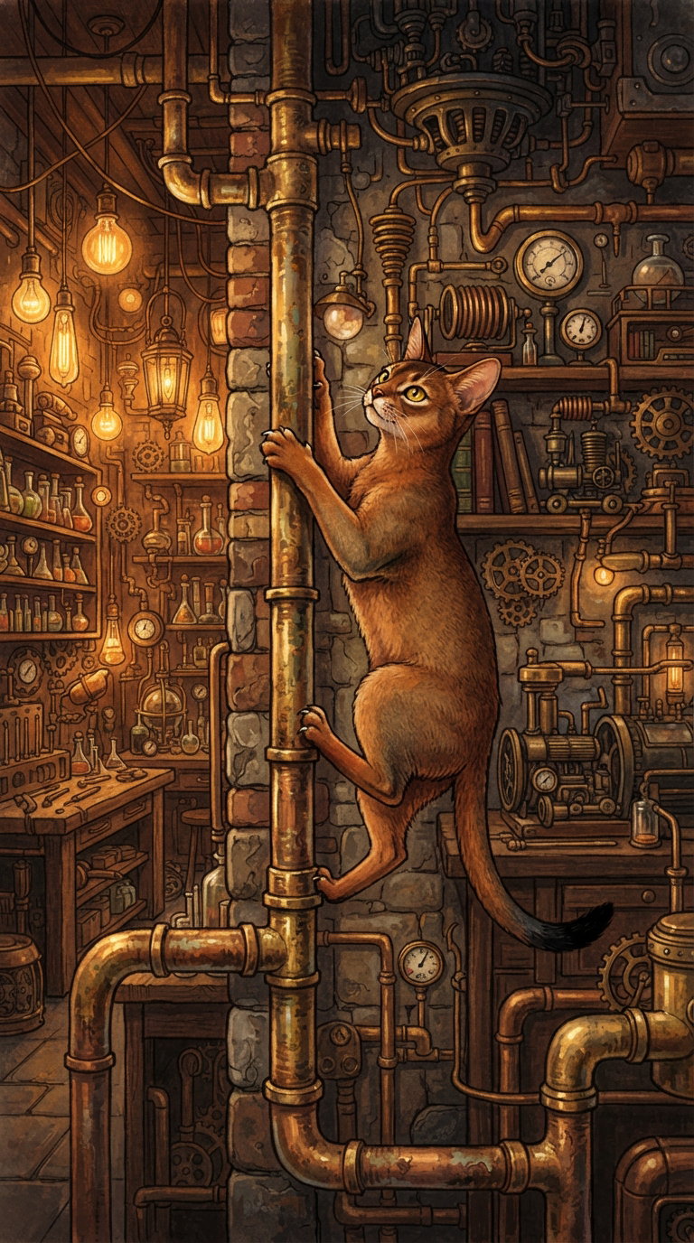 An imaginative cat climbing a metallic pipe in a steampunk-themed workshop filled with gears, clocks, and warm glowing lights.