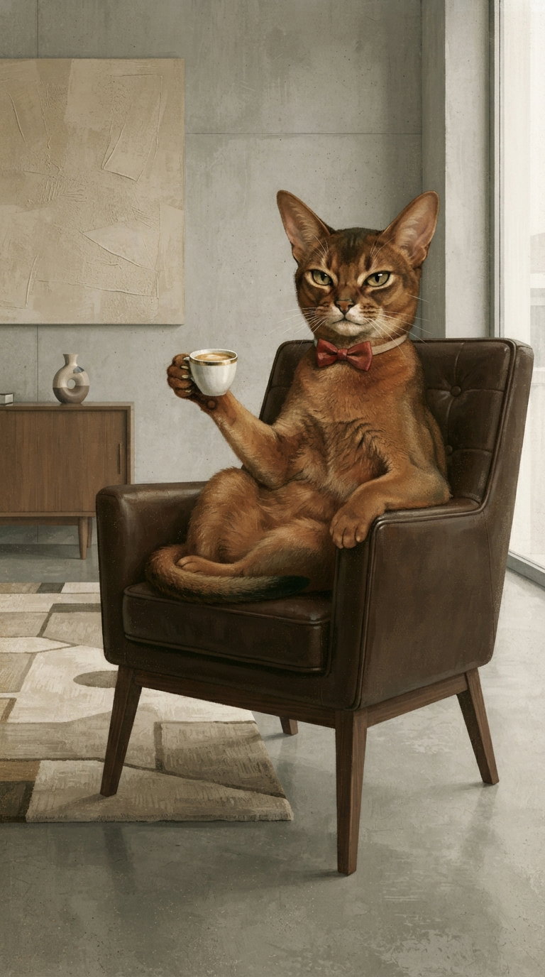 A seated brown cat wearing a bow tie, holding a coffee cup, in a modern room with a rug and furniture.