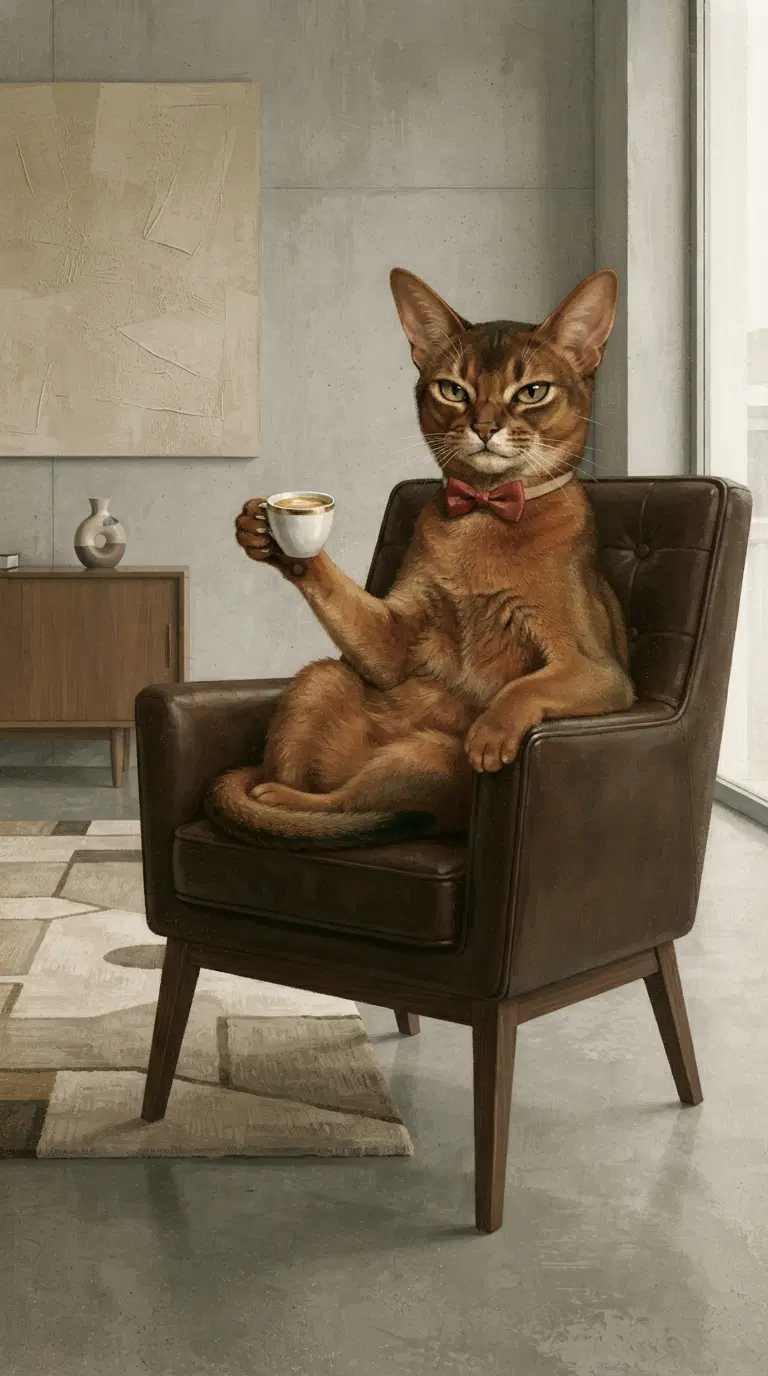 A sophisticated cat in a stylish setting, enjoying a coffee break