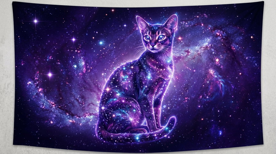 A vibrant tapestry featuring a cosmic cat with glowing stars and a colorful galaxy backdrop.