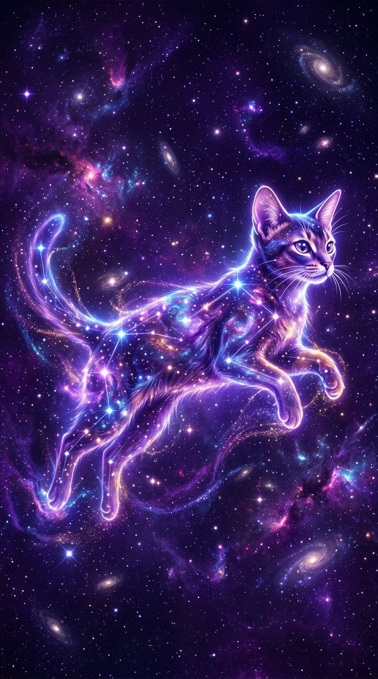 A vibrant, cosmic scene featuring a cat with a glowing, starry pattern, leaping through a deep space background filled with galaxies and colorful nebulae.