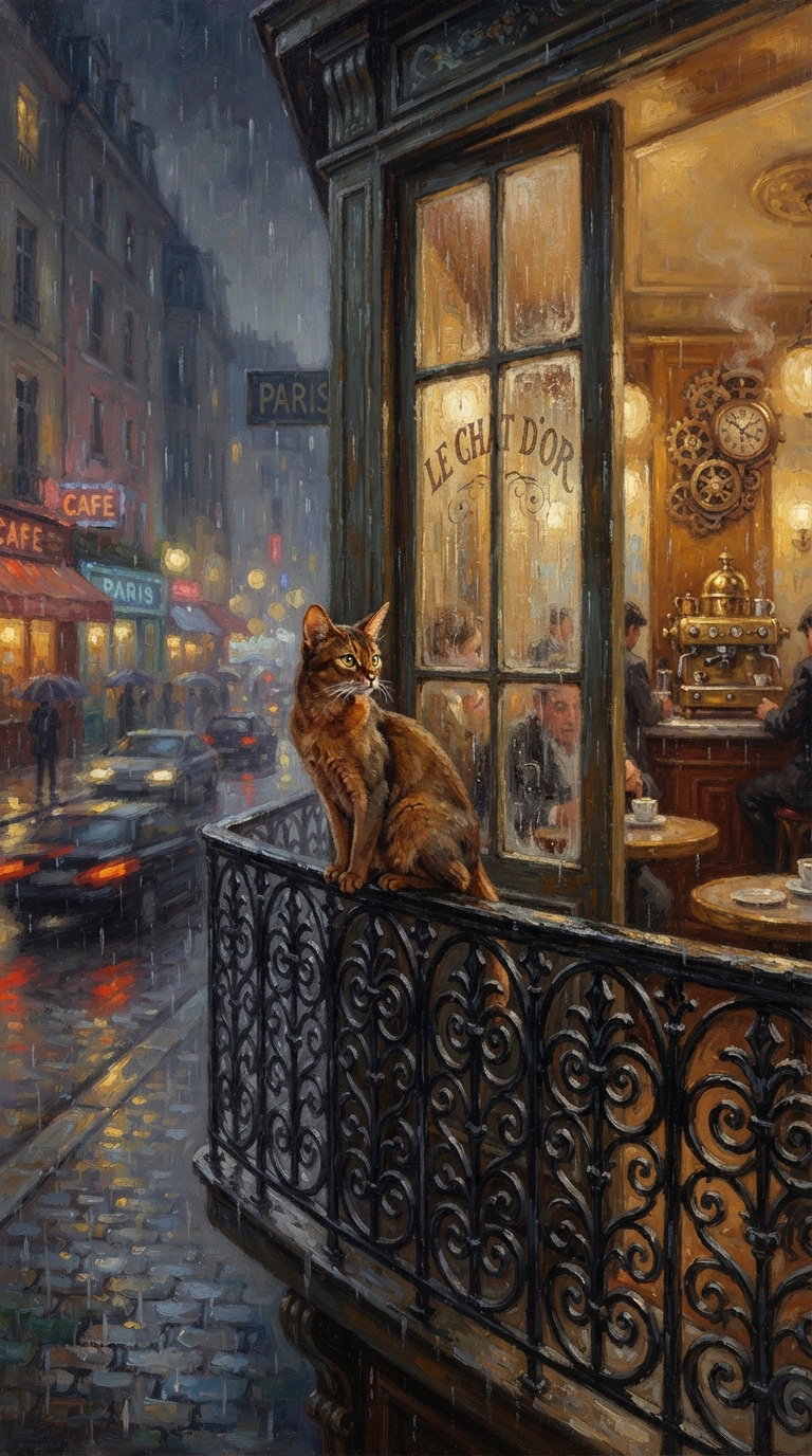 A brown cat perched on a wrought iron balcony railing overlooking a rainy Paris street, illuminated by cafe lights and streetlamps.