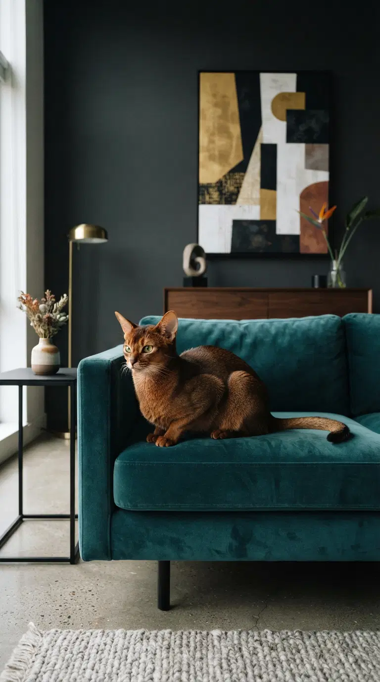 Abyssinian Cat Relaxing on a Stylish Couch in Modern Decor