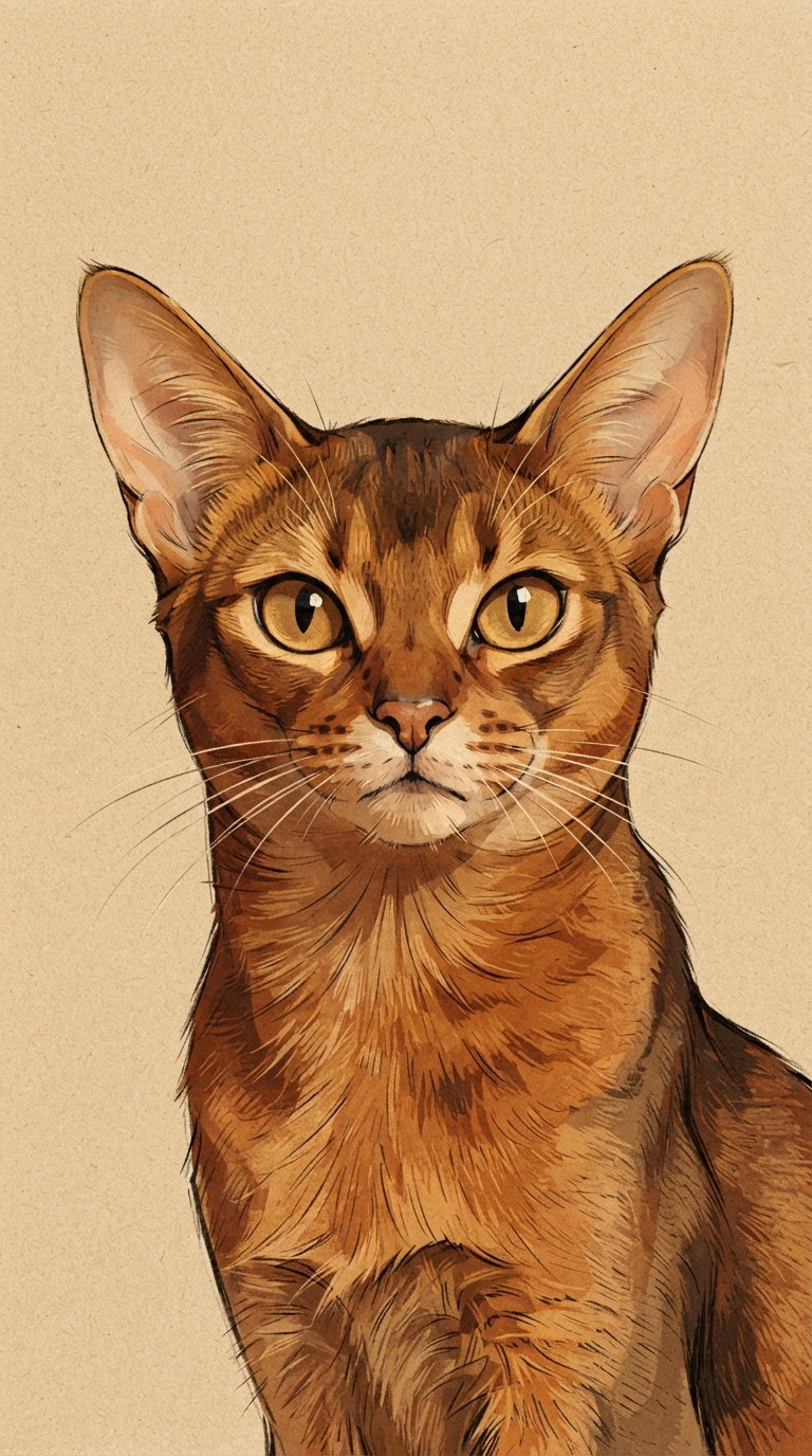 A detailed illustration of an Abyssinian cat with large ears and bright eyes on a beige background.