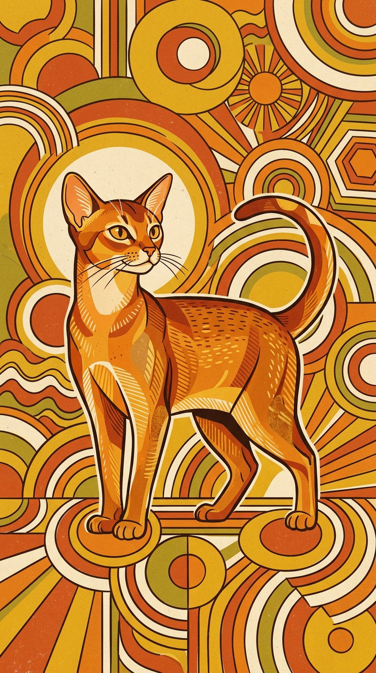 An illustrated Abyssinian cat surrounded by colorful retro patterns