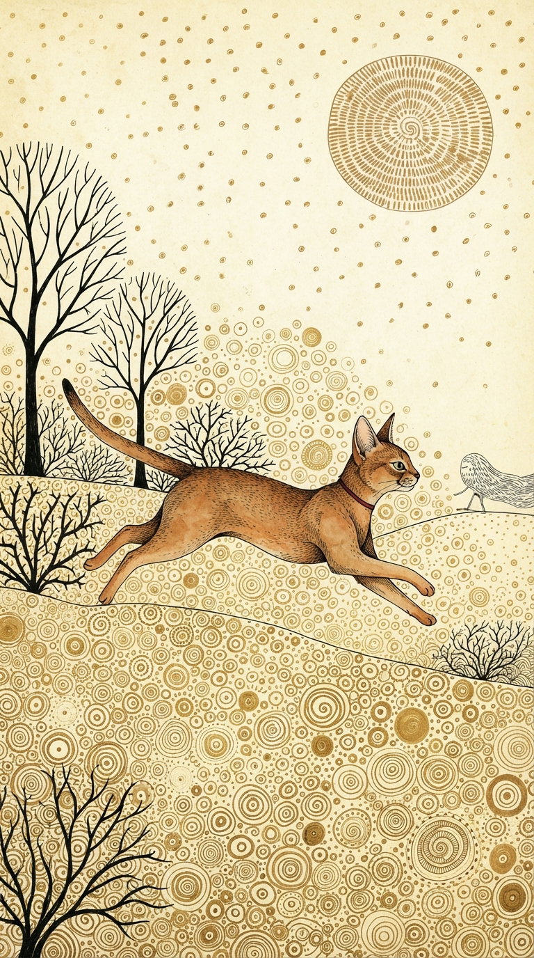 An artistic depiction of a running Abyssinian cat in a patterned landscape with abstract trees and spirals.