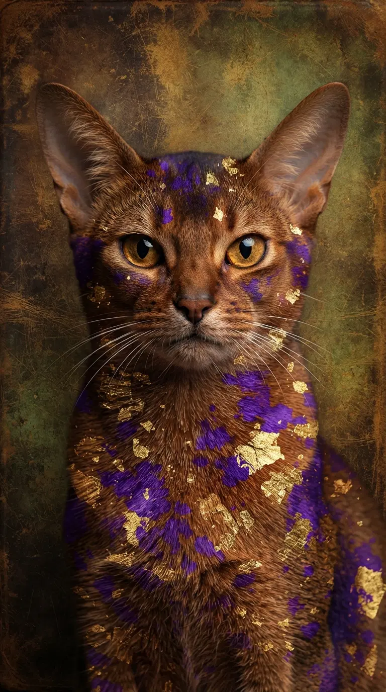 Surreal Cat Portrait with Golden and Purple Accents