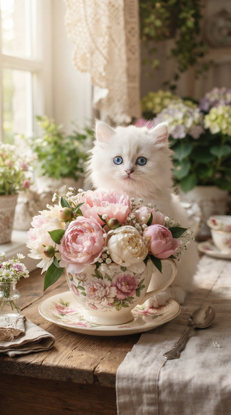 A fluffy white kitten with blue eyes sitting inside a floral teacup surrounded by pink and white flowers in a cozy indoor setting.