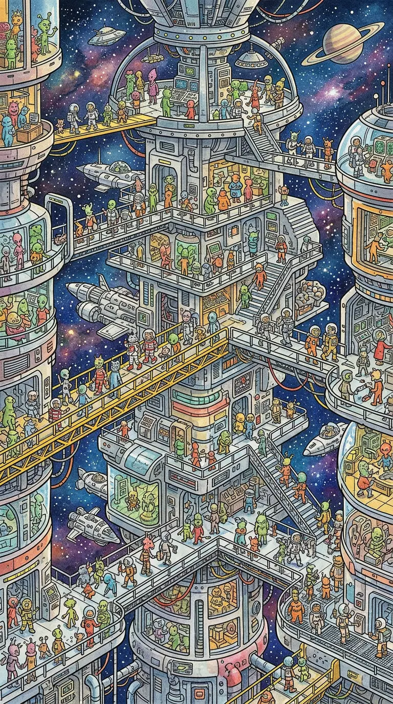 Futuristic Space City with Diverse Characters and Structures