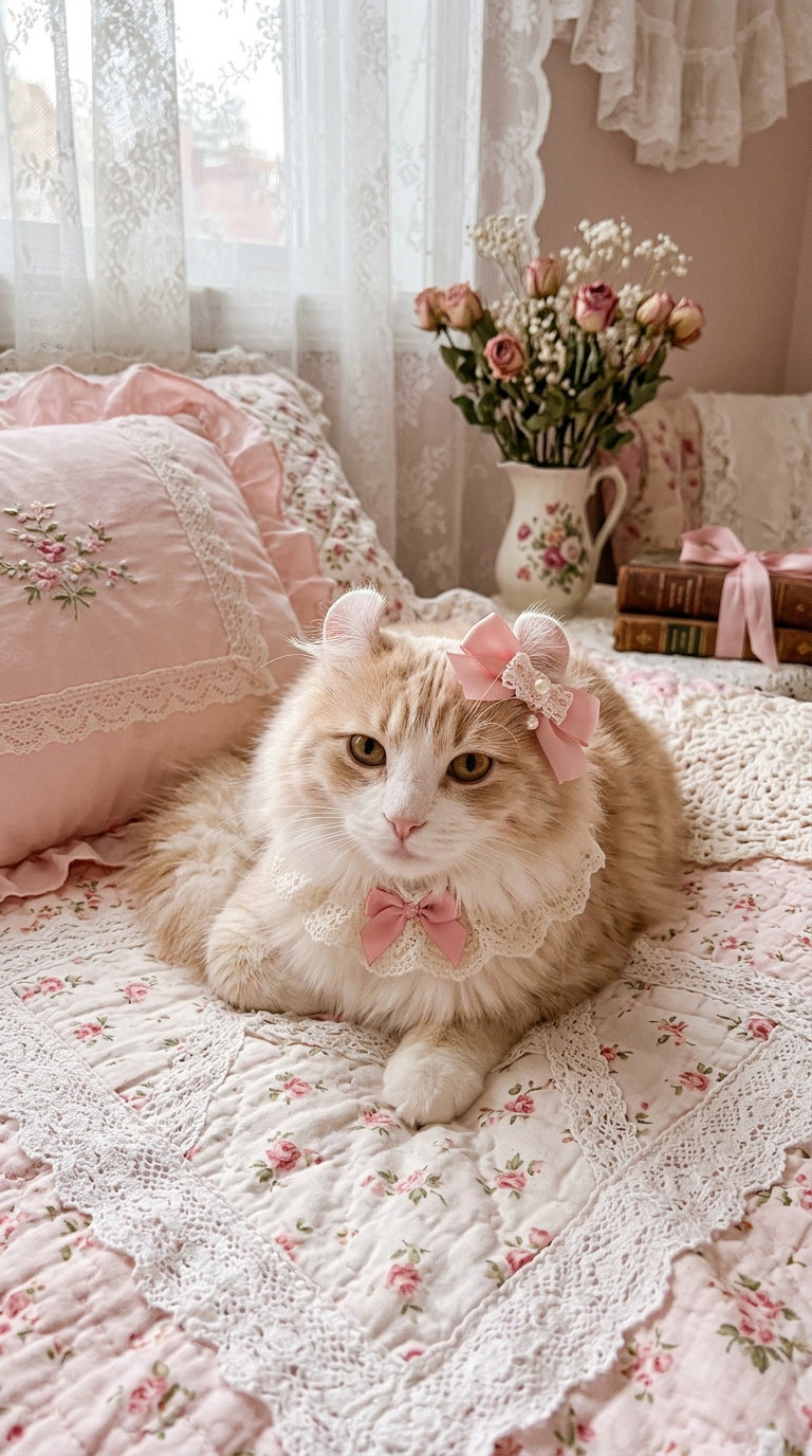 A light orange fluffy cat sitting on a floral-patterned quilt, wearing a pink bow and collar, with a vase of flowers in the background.