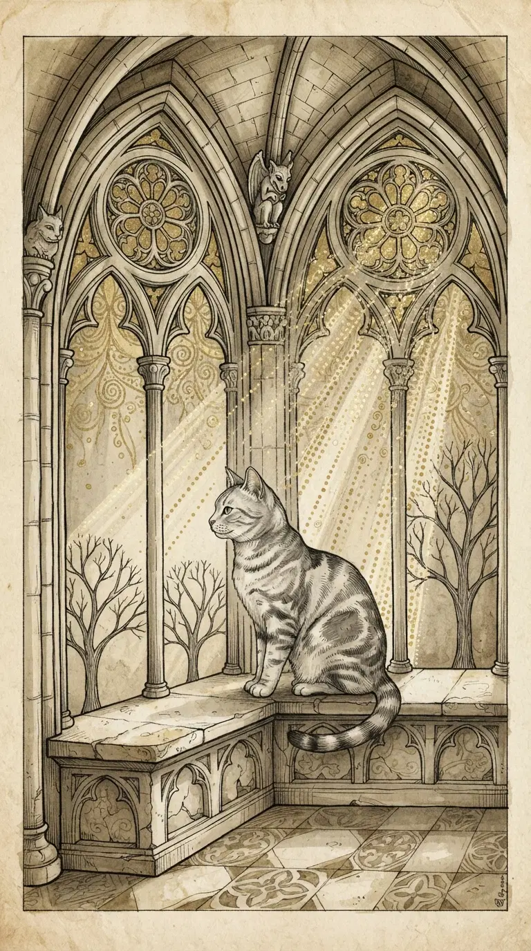 Gothic Style Illustration Featuring a Cat in a Cathedral-like Space
