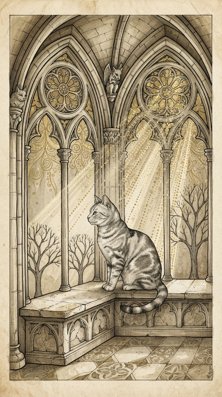 A tabby cat sitting on a stone bench inside a gothic architectural setting, with intricate arches and decorative elements. Sunlight streams through the arches, illuminating the scene.