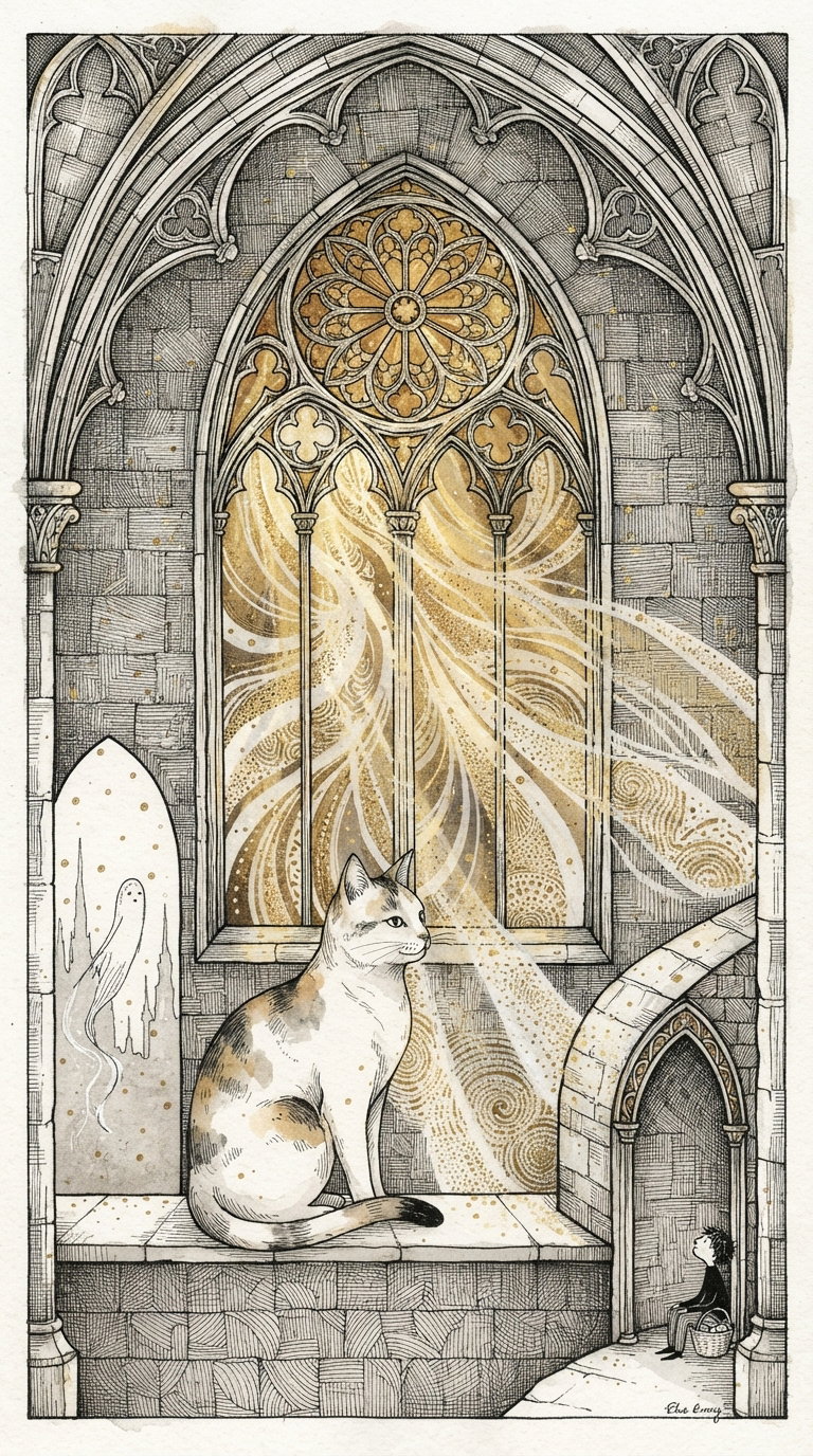 A large cat seated in a gothic cathedral with arched windows and intricate patterns, radiating a mystical aura.