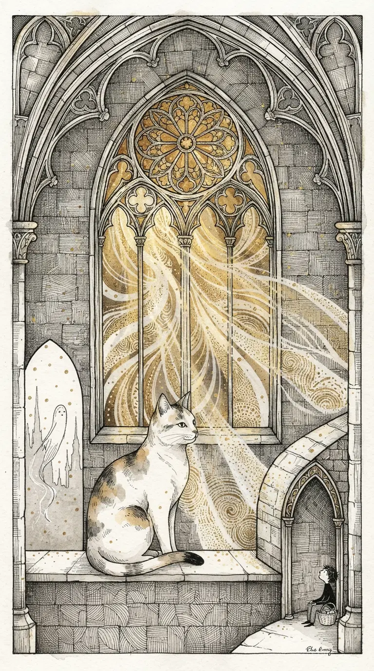 Intricate Gothic Cat Art Featuring Majestic Feline in a Cathedral
