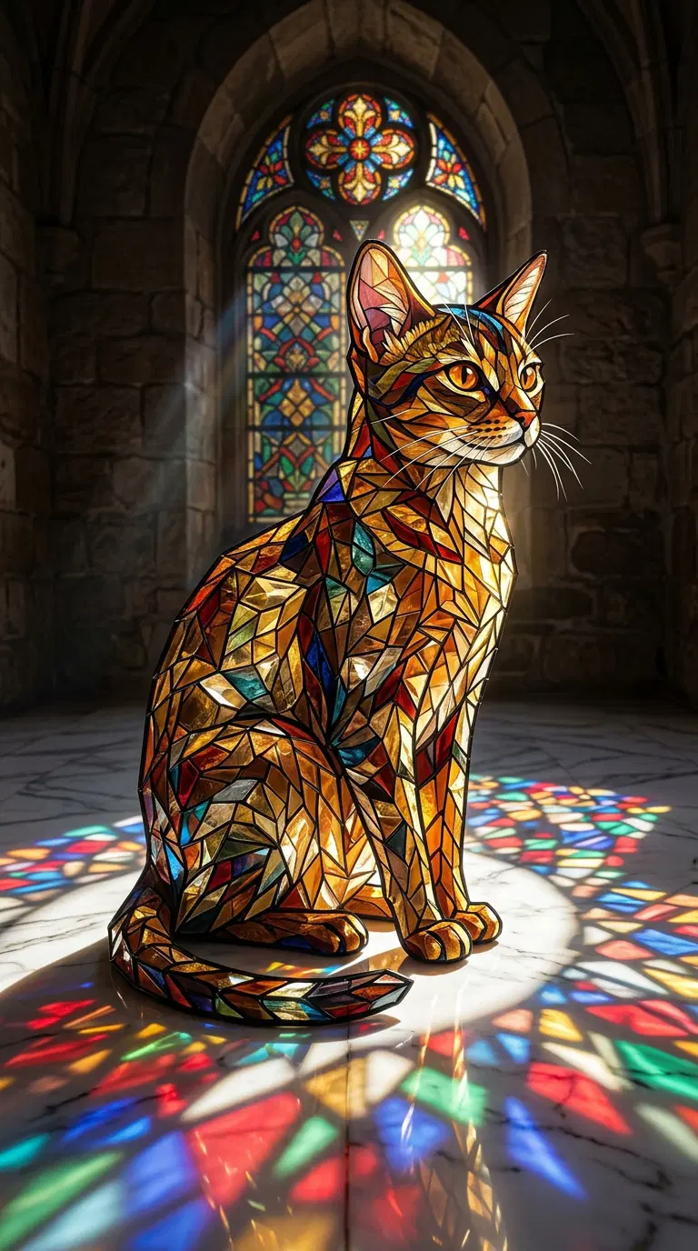Stained Glass Cat Bathed in Colorful Light